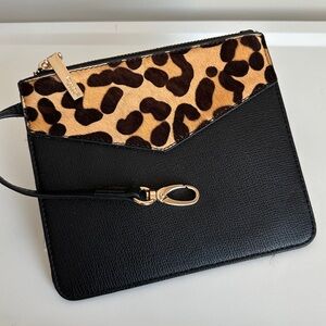Dune London Calfhair Black Leopard Envelope Pochette Zip Top Clip In Pouch